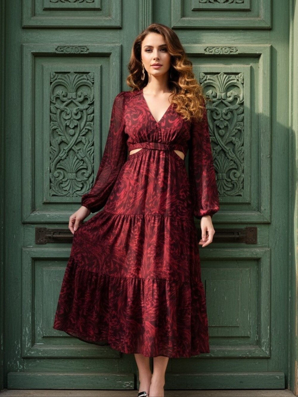 NWT Sofia Jeans Burgundy Shimmer Cut Out Long Sheer Sleeve Ruffle Maxi — Size XS